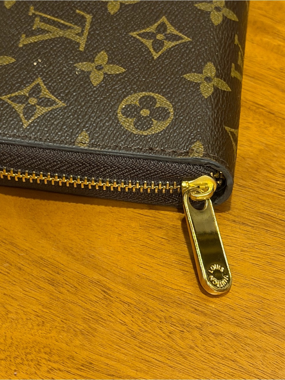 Monogram Zip Wallet in Brown with Gold Hardware